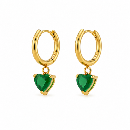 Emerald Heart Charm Hoop Earrings
