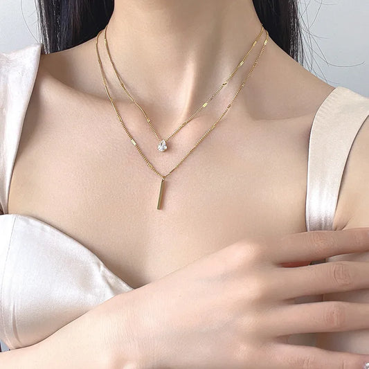 Layered Bar & Solitaire Pendant Necklace